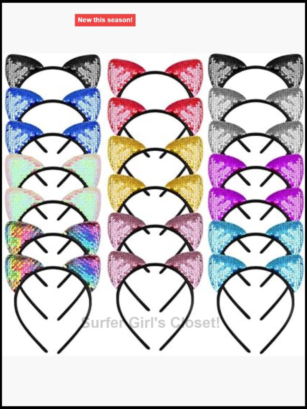 20 Pack Reversible Sequin Cat Ears Headbands, Flexible Plastic Hair Accessories